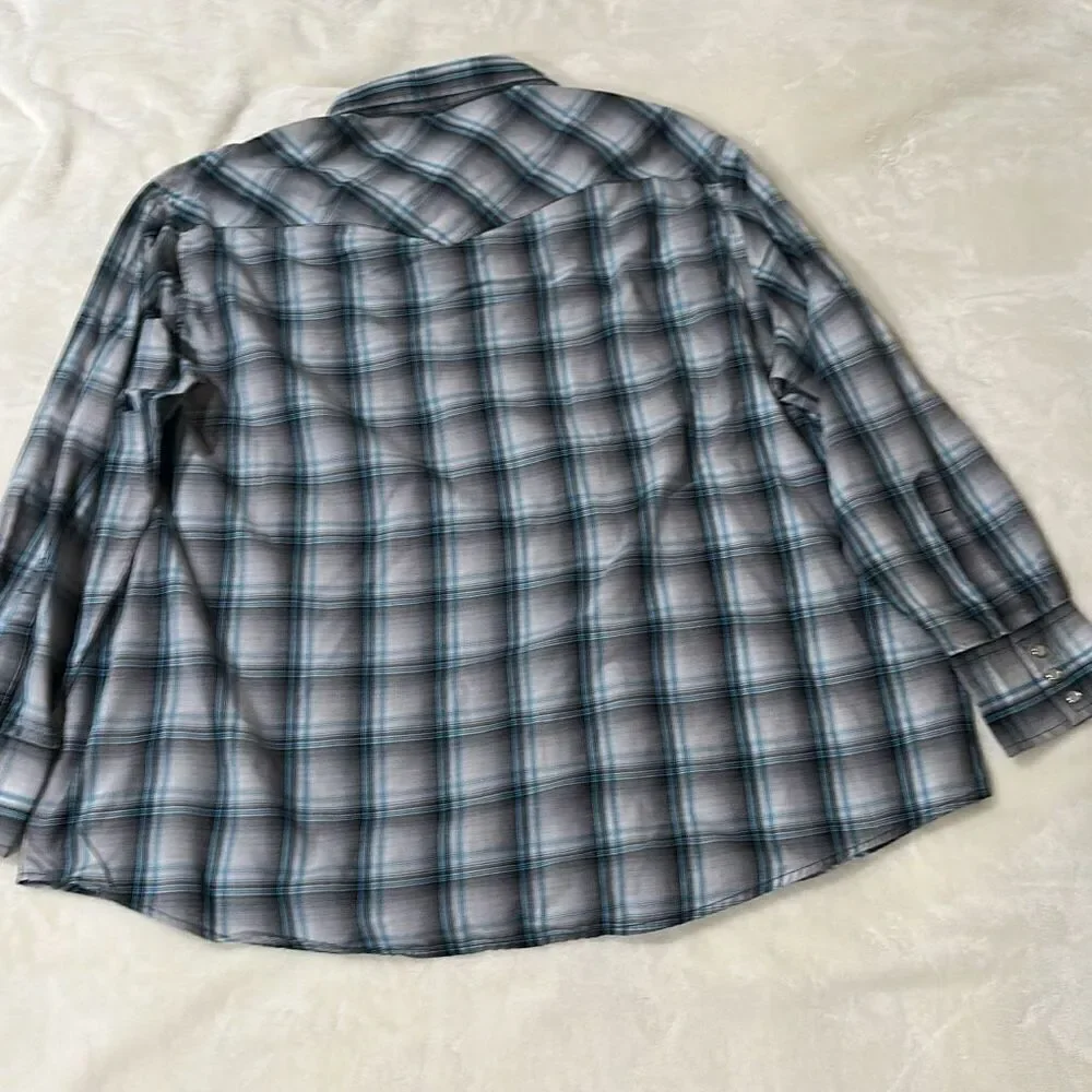 Wrangler 2XL black gray turquoise plaid pearl snap western shirt